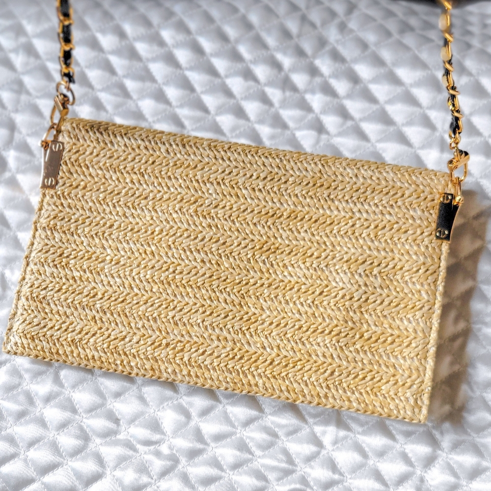 Authentic DIOR Raffia Clutch Handbag • Woven Straw • Chain Strap • Travel Purse - Picture 5 of 8
